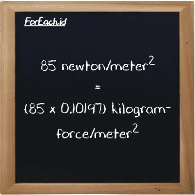 Cara konversi newton/meter<sup>2</sup> ke kilogram-force/meter<sup>2</sup> (N/m<sup>2</sup> ke kgf/m<sup>2</sup>): 85 newton/meter<sup>2</sup> (N/m<sup>2</sup>) setara dengan 85 dikalikan dengan 0.10197 kilogram-force/meter<sup>2</sup> (kgf/m<sup>2</sup>)